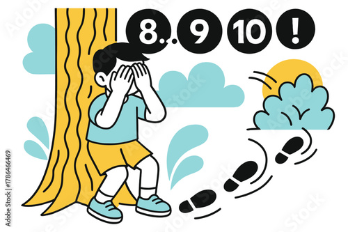 Counting by the Tree. Counting at the Tree. Hands cover eyes against a bark pattern while numbers ???!? hover in bold circles. Footprints peel away toward
