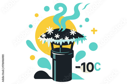 Frosty Flue Illustration. Frozen Flue Detail. Frost crystals spread along the metal cap while faint steam escapes in a swirling pattern. ?-?C? floats in small