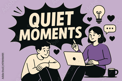 Quiet Moments Banner. Quiet Moments banner, flat vector illustration, bold oversized text inside comic burst banner, cartoon characters sitting and holding a