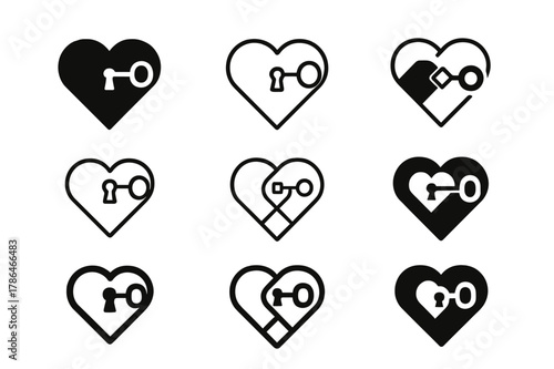 Heart Key Logos. Relationship therapy and counseling. Set Logo of relationship therapy and counseling: key unlocking two hearts. Icon set. harmonious logo
