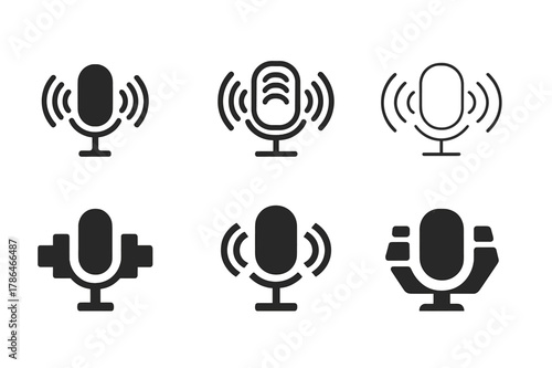 Sound Creation Icons. How sound is made. Icon set. Set Logo of How sound is made: microphone receiving vibration. harmonious logo variations of the same