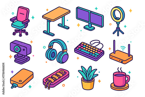 Remote Work Essentials. Remote work setup. Colorful isometric vector icons set of Remote work setup: ergonomic chair, standing desk, dual monitors, ring light,