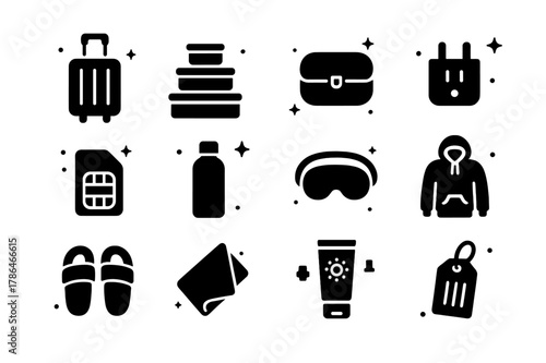 Nomadic Travel Essentials. Travel Essentials for Nomads. Solid icons set of Travel Essentials for Nomads: carry on suitcase, packing cubes, toiletry bag,