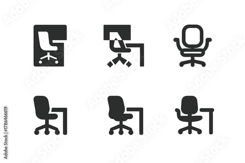 Ergonomic Workspace Logos. Remote work hubs. Set Logo of remote work hubs: ergonomic chair and desk icon. Icon set. harmonious logo variations of the same