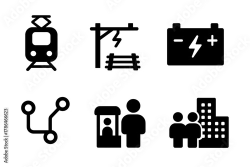 Electric Train Icons. Electric trains. Filled icon set of electric trains: train, railway track, overhead line