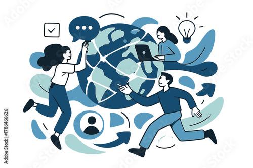 Digital Harmony. Digital world. Connecting minds, global network, innovative solutions. Modern flat vector scene with expressive, stylized characters in