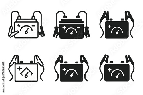 Car Battery Logos. Car battery with jumper cables. Icon set. Set Logo of Car battery with jumper cables: voltage meter readout. harmonious logo variations of