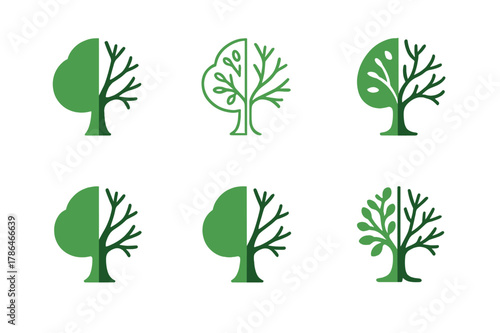Climate Change Logos. Climate change effects. Set Logo of Climate change effects: tree half green, half barren. Icon set. harmonious logo variations of the