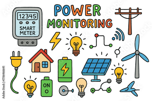 Smart Energy Doodle. power monitoring. Colorful Hand-drawn doodle Children illustration power monitoring smart meter, electricity meter, digital display,