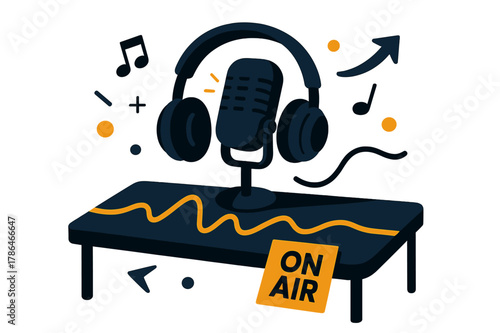 Dynamic Radio Studio. Radio Studio Desk. A sleek desk with a glowing waveform skimming across the surface; sticky tag reads ?ON AIR?. Headphones rest over a