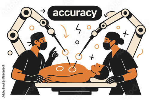 Robotic Surgical Precision. Healthcare Tech ? Robotics in Surgery. Robotic arms extend delicately over a stylized patient; soft circles mark precision points.