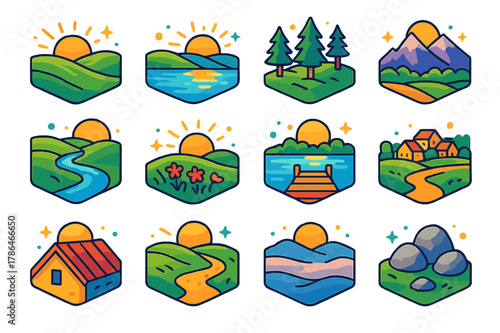Dawn Landscape Icons. dawn landscapes. Colorful isometric vector icons set of dawn landscapes: rolling hills, calm lake, pine trees, mountain ridge, winding