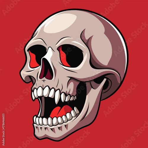 Creepy skull with glowing red eyes and sharp teeth on a red background