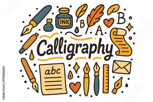 Colorful Calligraphy Doodle. Calligraphy. Hand-drawn doodle illustration of calligraphy. Pen, ink bottle,