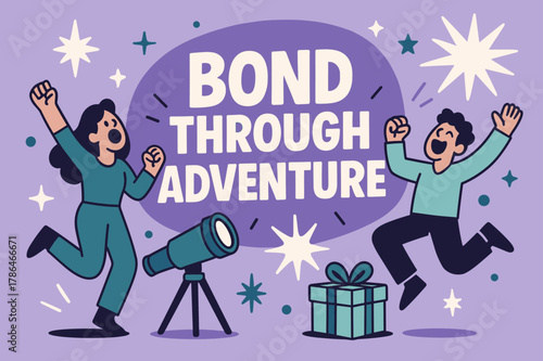 Adventurous Bonding Banner. Bond through adventure banner, flat vector illustration, bold oversized text inside rounded blob, cartoon characters shouting and