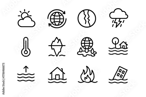 Climate Change Icons. The impact of climate change on the environment. Line icon set of The impact of climate change on the environment: climate, change,
