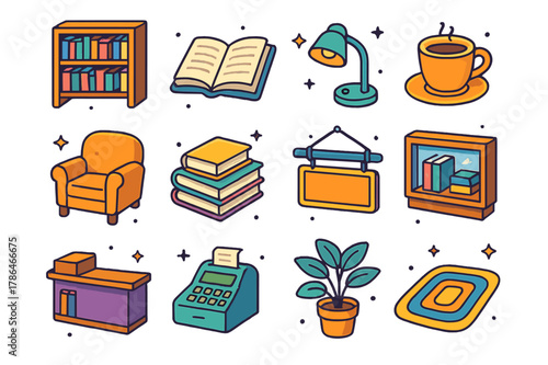 Isometric Bookstore Icons. Quiet bookstore. Colorful isometric vector icons set of quiet bookstore: bookshelf, open book, reading lamp, coffee cup, armchair,