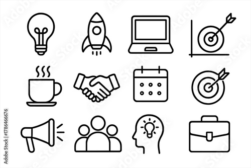 Entrepreneur Icons Grid. Entrepreneurial mindset. Line outline icon set of entrepreneurial mindset: light bulb