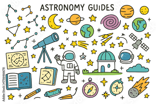 Cosmic Doodle Extravaganza. Astronomy guides. Hand-drawn doodle illustration constellations (colored), stars (colored), planets (colored), moon (colored),