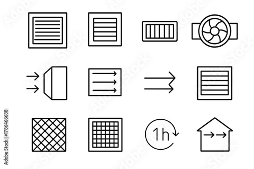 Ventilation Icons Grid. Ventilation. Line icon set of Ventilation: ceiling vent, wall vent, floor register, duct fan, air intake, air exhaust, airflow arrows,