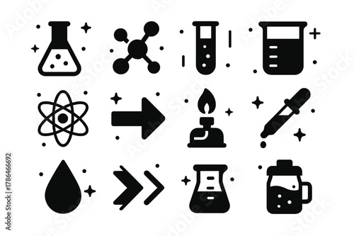 Chemical Icons Grid. Chemical Reaction Process. Solid icons set of Chemical Reaction Process: flask, molecule, test tube, beaker, atom, reaction arrow, Bunsen