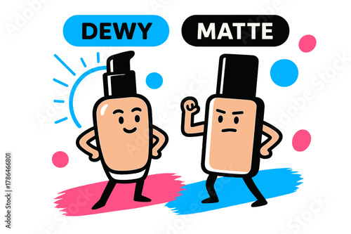 Matte vs Dewy. Matte vs Dewy Finish. Two bottles face off: one with soft glow halos, one with crisp velvety edge; ?Dewy / Matte? tags hover like toggles.