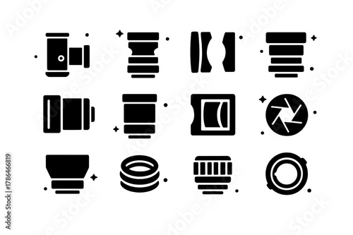 Photographic Lens Icons. Photographic Lenses Evolution. Solid icons set of Photographic Lenses Evolution: petzval lens, rapid rectilinear, tessar lens, soft