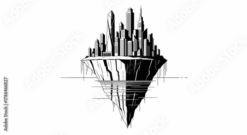 Minimalist black-and-white vector of a surreal floating island cityscape: sleek geometric skyscrapers rising from a curved cliff,