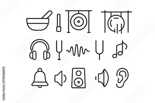 Sound Therapy Icons. Sound therapy. Line icon set of sound therapy: singing bowl, mallet, tuning fork, gong, chime, headphones, sound wave, metronome, music