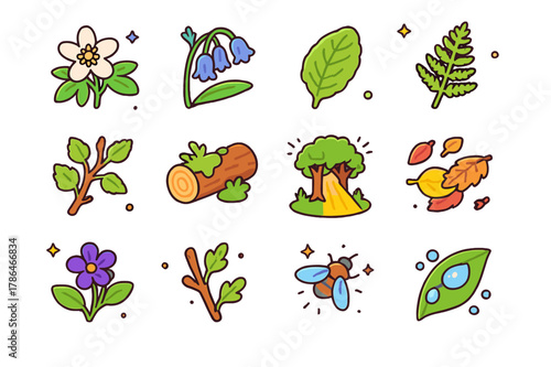 Forest Blooms Icons. Forest edge blossoms. Colorful isometric vector icons set of Forest edge blossoms: wood anemone, bluebell cluster, primrose leaf, fern