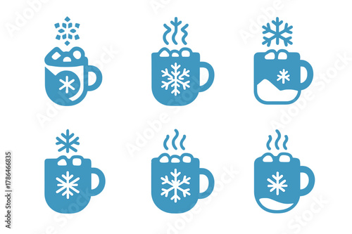 Winter Wonderland Icons. Winter wonderland theme for holiday parties. Icon set. Set Logo of Winter wonderland theme for holiday parties: hot cocoa mug.