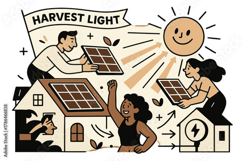 Dynamic Solar Harvesting. Solar rooftops & micro-PV. Neighbors tilt panels toward a smiling sun; ?Harvest light? banner flutters. Rays turn into arrows flowing