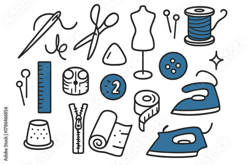 Tailoring Tools Doodle. // Tailoring essentials. Hand-drawn doodle illustration Tailoring essentials [needle (accented), scissors, thread spool (accented),