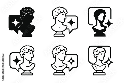 Sculpture and Social Media. The impact of social media on the art world. Set Logo of viral spark around sculpture: Filled silhouette, Stylized detail, Iconic