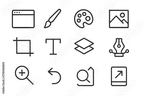 Creative Tools Icon Set. Creative Apps. Line icon set of Creative Apps: design software window, paint brush, color palette, photo editing tool, crop frame,
