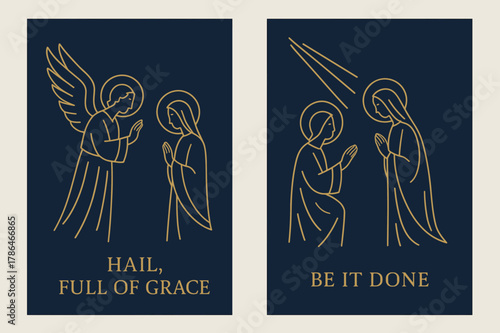 Graceful Annunciation Banners. Annunciation. Two vertical A6 banners with safe margins, centered composition, no elements touching edges, minimal, navy and