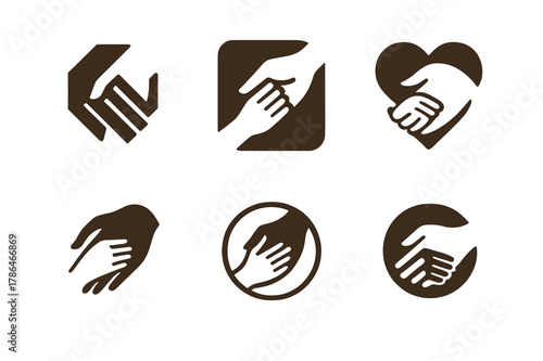 Grandparent-Child Logo Variations. Grandparenting. Set Logo of Grandparenting: elder hand holding child hand. harmonious logo variations of the same emblematic