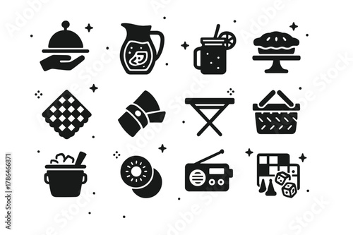 Porch Entertaining Essentials. Porch Entertaining. Solid icons set of Porch Entertaining: serving tray, lemonade pitcher, mason jar glass, pie stand, checkered