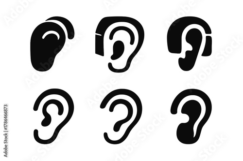 Hearing Aid Icons Grid. Audience Accessibility. Set Logo of Hearing Aid Icon: Filled silhouette, Abstract geometric, Negative space, Flat solid, Stylized