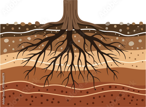Tree Root System Diagram Showing Detailed Underground Structure in Soil Layers