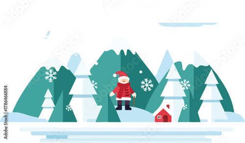 Minimalist Flat Illustration of Santa Claus in Snowy Winter Mountain Landscape