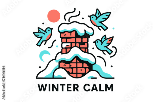 Winter Chimney Scene. Old Brick Chimney. Weathered bricks peek through soft snow layers; snowbirds flutter around as smoke gently rises. ?Winter Calm? floats