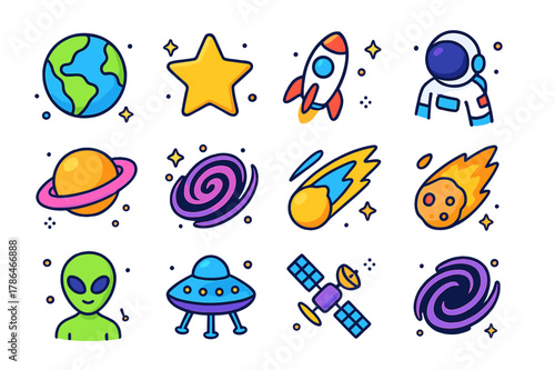Colorful Space Icons. Space. Colorful isometric vector icons set of Space: planets, stars, rockets, astronauts, galaxies, comets, meteors, aliens, spaceships,