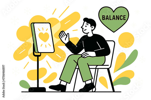 Seasonal Light Harmony. Seasonal Light Therapy. A person sits beside a bright lamp; sunlight shapes overlap with heart icons labeled ?Balance.? Snowflakes