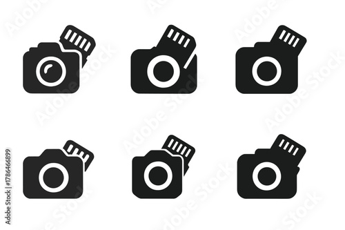 Digital Camera Logos. Digital cameras. Set Logo of Digital cameras: memory card being inserted into camera slot. Icon set. harmonious logo variations of the