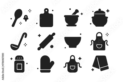 Rustic Kitchen Icons. Rustic Kitchen Tools. Solid icons set of Rustic Kitchen Tools: wooden spoon, cutting board, mortar and pestle, clay pot, ladle, rolling