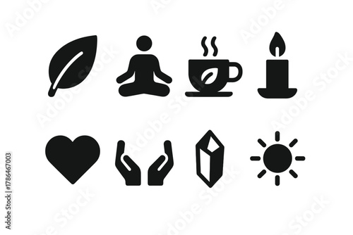 Holistic Wellness Icons. Holistic wellness. Filled icon set of holistic wellness: leaf, yoga pose, herbal tea,