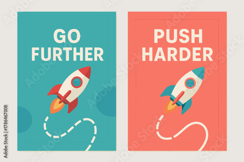 Go Further Banners. Go further. Two vertical A6 banners with safe margins, centered composition, no elements touching edges, modern, turquoise and coral,