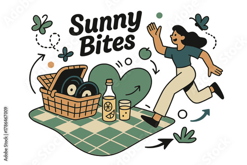 Vintage Picnic Vibes. Vintage picnic. A wicker basket opens to vinyls and lemonade; a checkered blanket becomes a big soft heart. ?Sunny bites? floats as