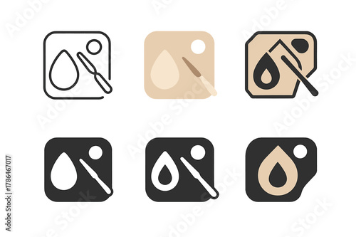 Logo Design Variations. Beauty blender and foundation. Set Logo of mixing palette: metal palette with spatula and drop. Icon set. harmonious logo variations of